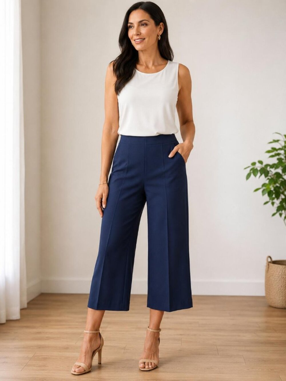 NWT Nine West Cropped Wide Leg High Rise Pants Pintuck Resolute Blue Size 4